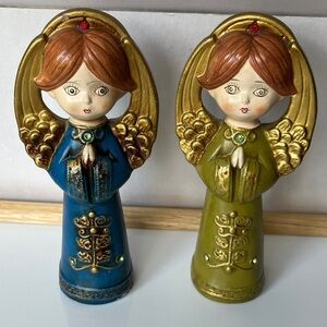 Vintage Japan Angel Figurines Pair Blue Green Gold Halo Praying Christmas Decor